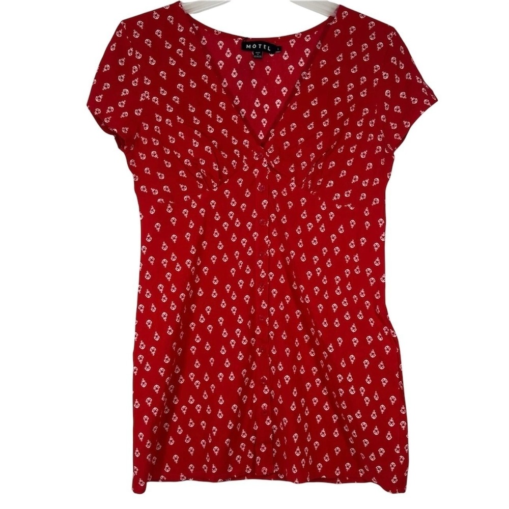 Motel Red Mini Dress Womens Large Ruched V Neck Boho‎ Anchor Print Short Sleeve
